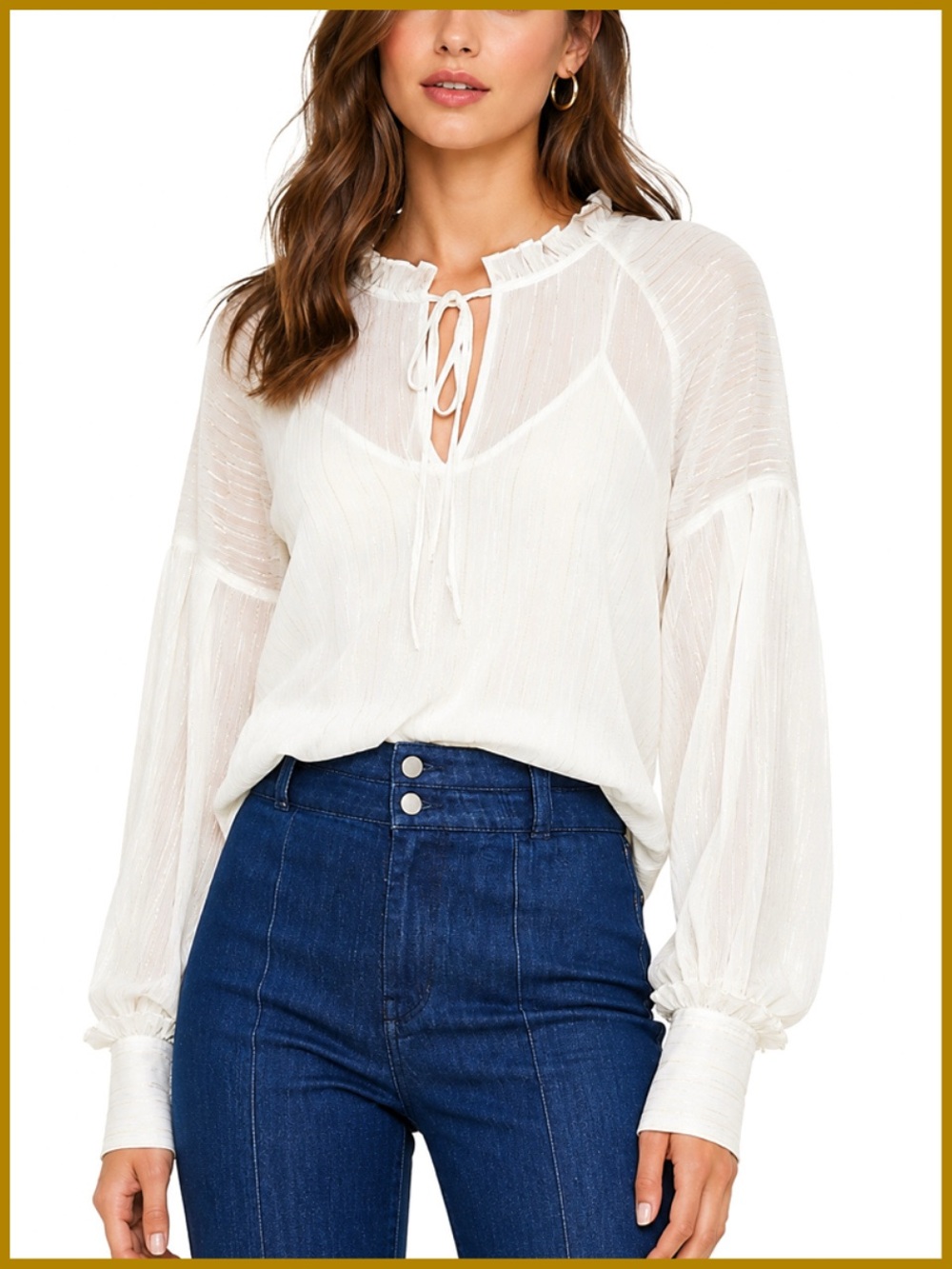 BCBGMaxAzria Metallic Striped Off White Sheer Blouse